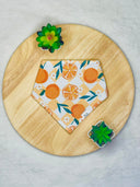 Overhead view of a light-colored pet bandana with an orange and green citrus pattern featuring oranges, slices, leaves, and flowers. The bandana is on a round, light wooden surface with green succulents in white pots at the top left and bottom right.